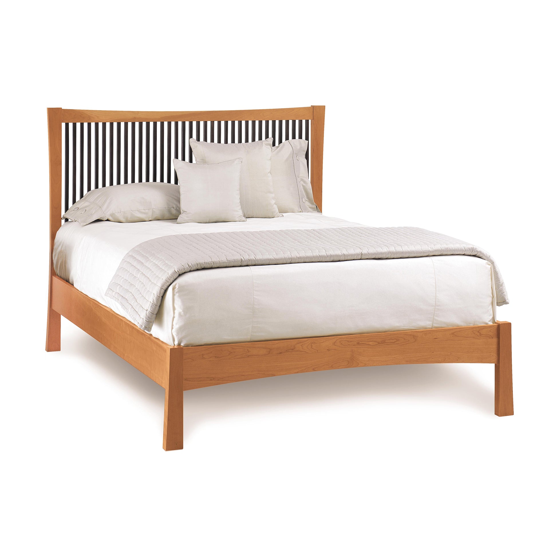 Copeland Furniture Berkeley Cherry Platform Bed with distinctive striped cherry wood headboard and sturdy platform design, shown with simple white bedding.