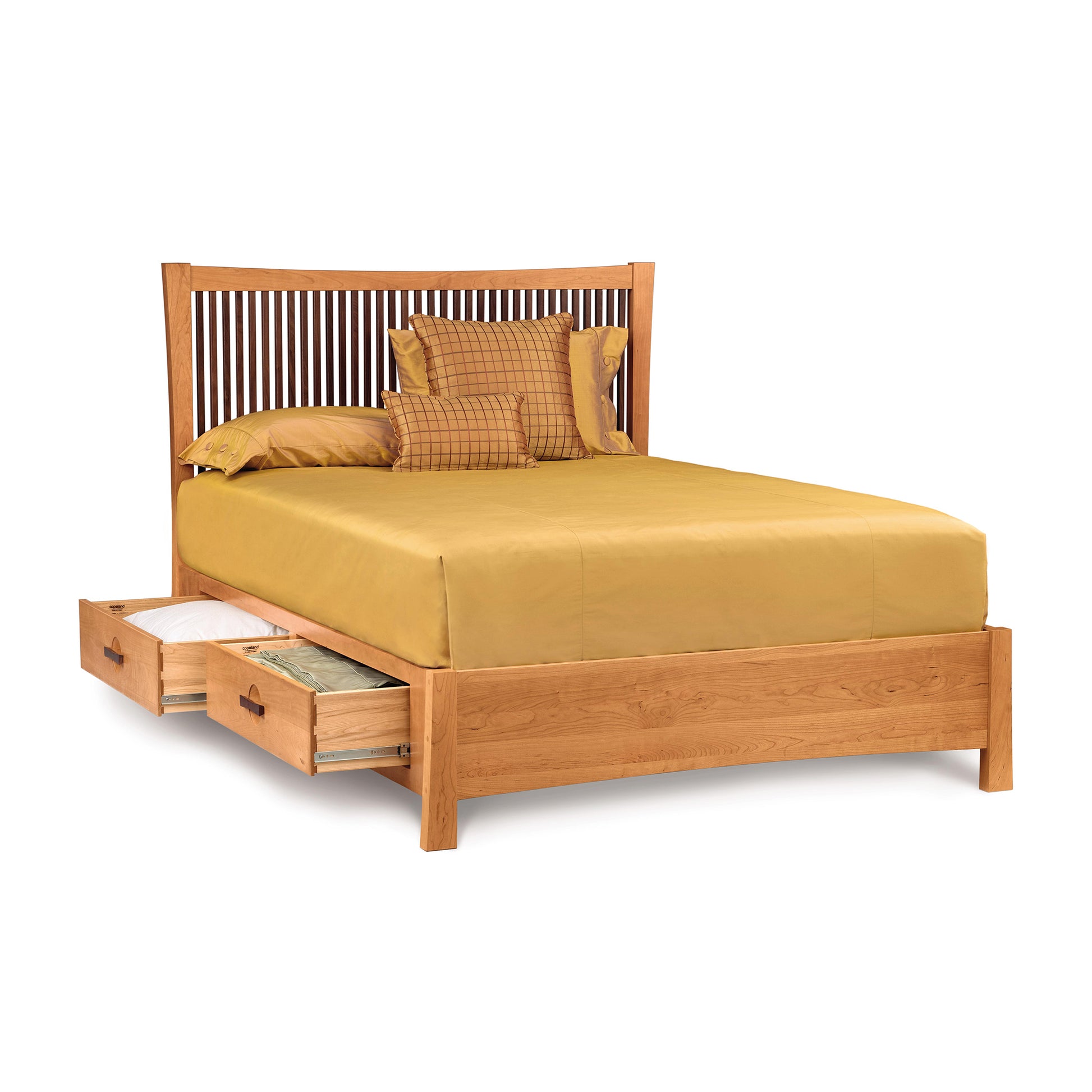 Berkeley Cherry Storage Bed by Copeland Furniture with slatted headboard and built-in storage drawers, shown with neatly made bedding.