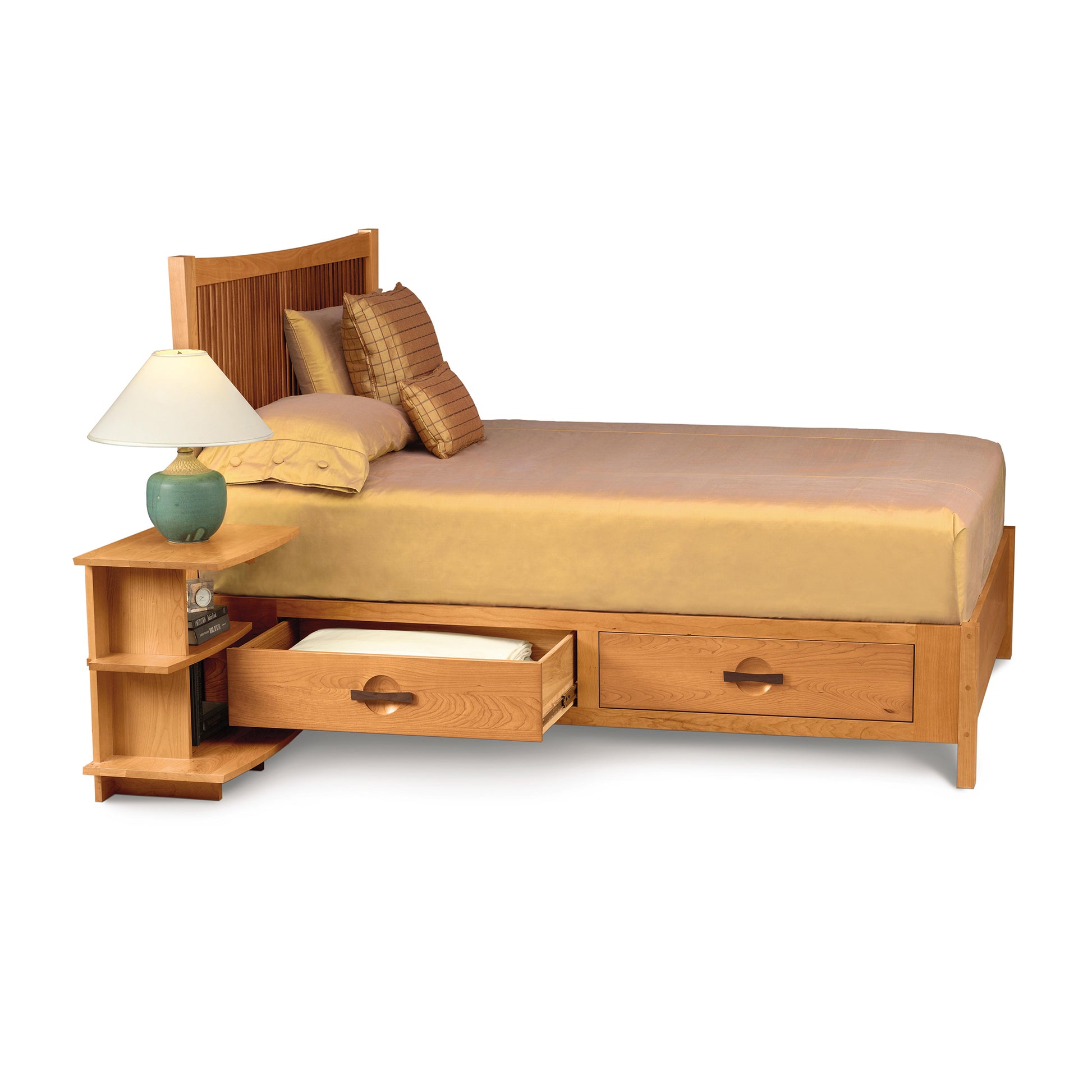 Copeland Furniture Berkeley Cherry Storage Bed with headboard, integrated shelves, and two drawers, handcrafted in rich cherry wood.