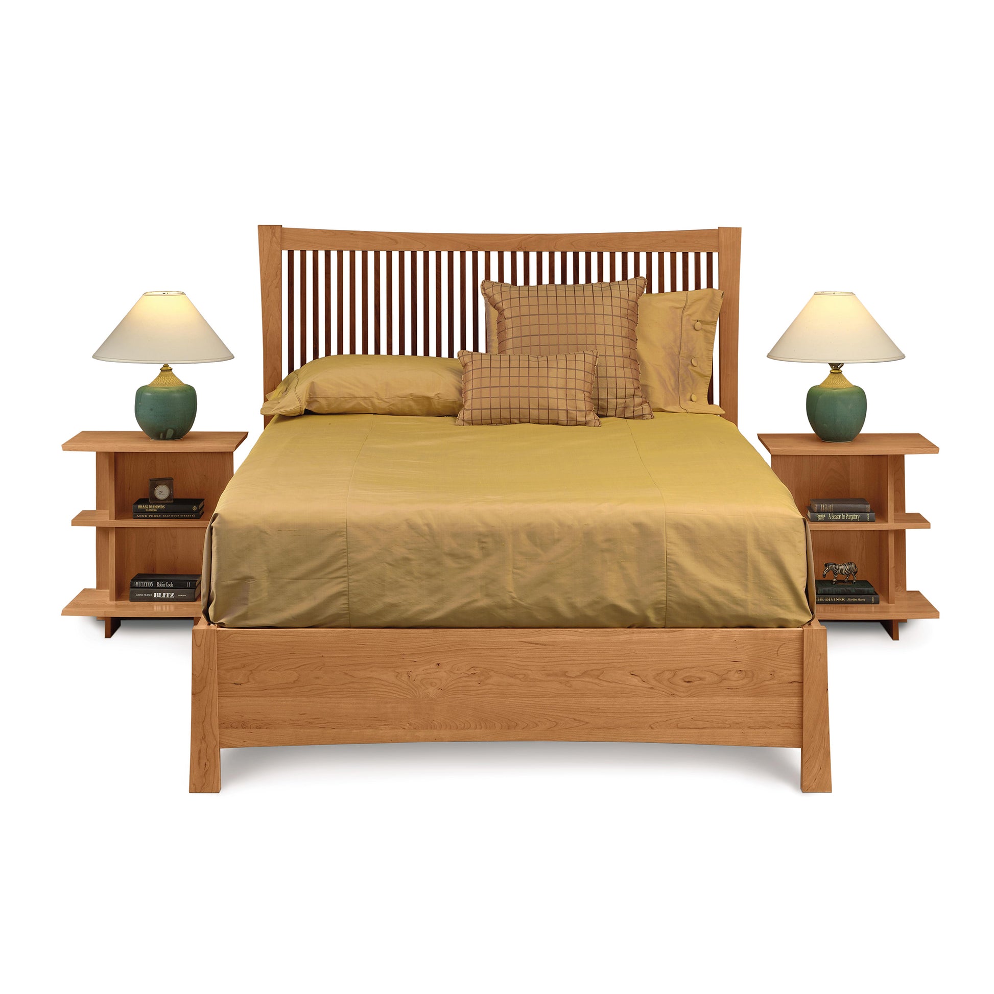 Berkeley Cherry Storage Bed by Copeland Furniture featuring integrated storage drawers and green bedding, with matching cherry nightstands on each side.