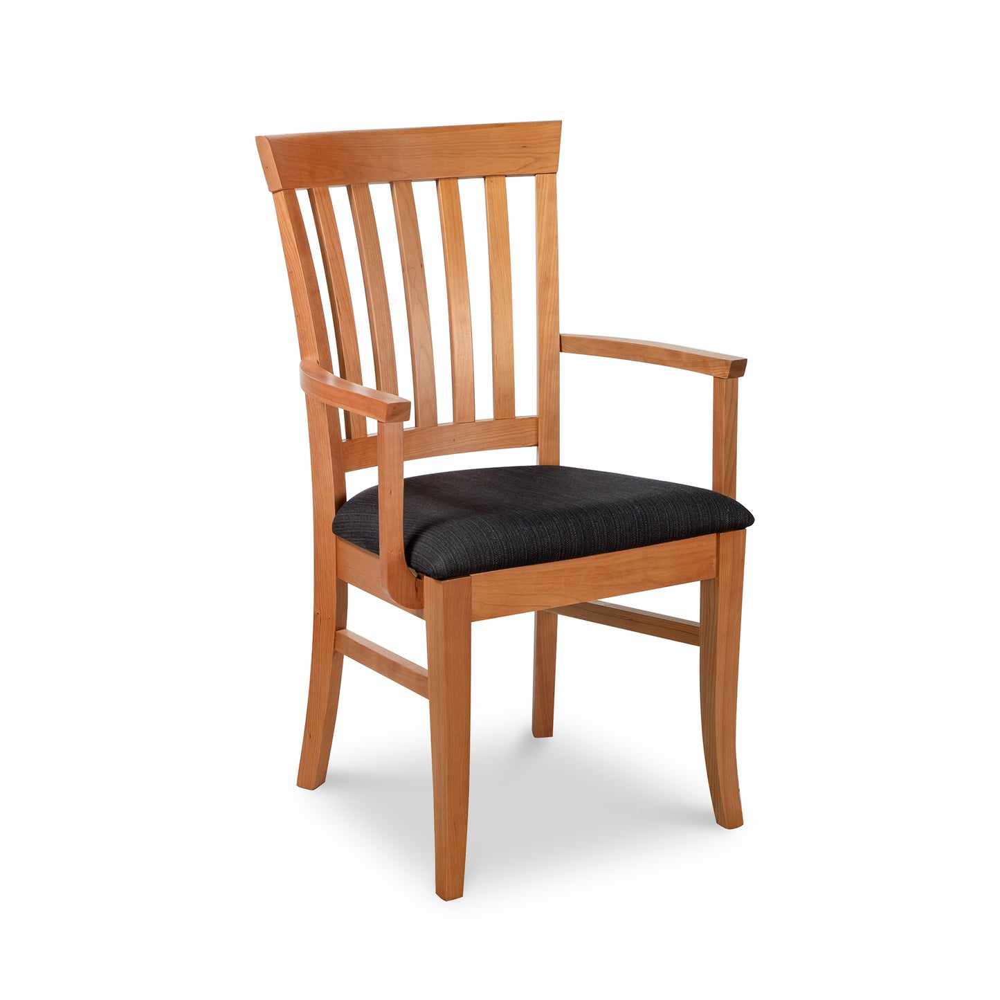 Cherry wood Lyndon Furniture Bistro Dining Chair with vertical slats, armrests, and cushioned black seat.