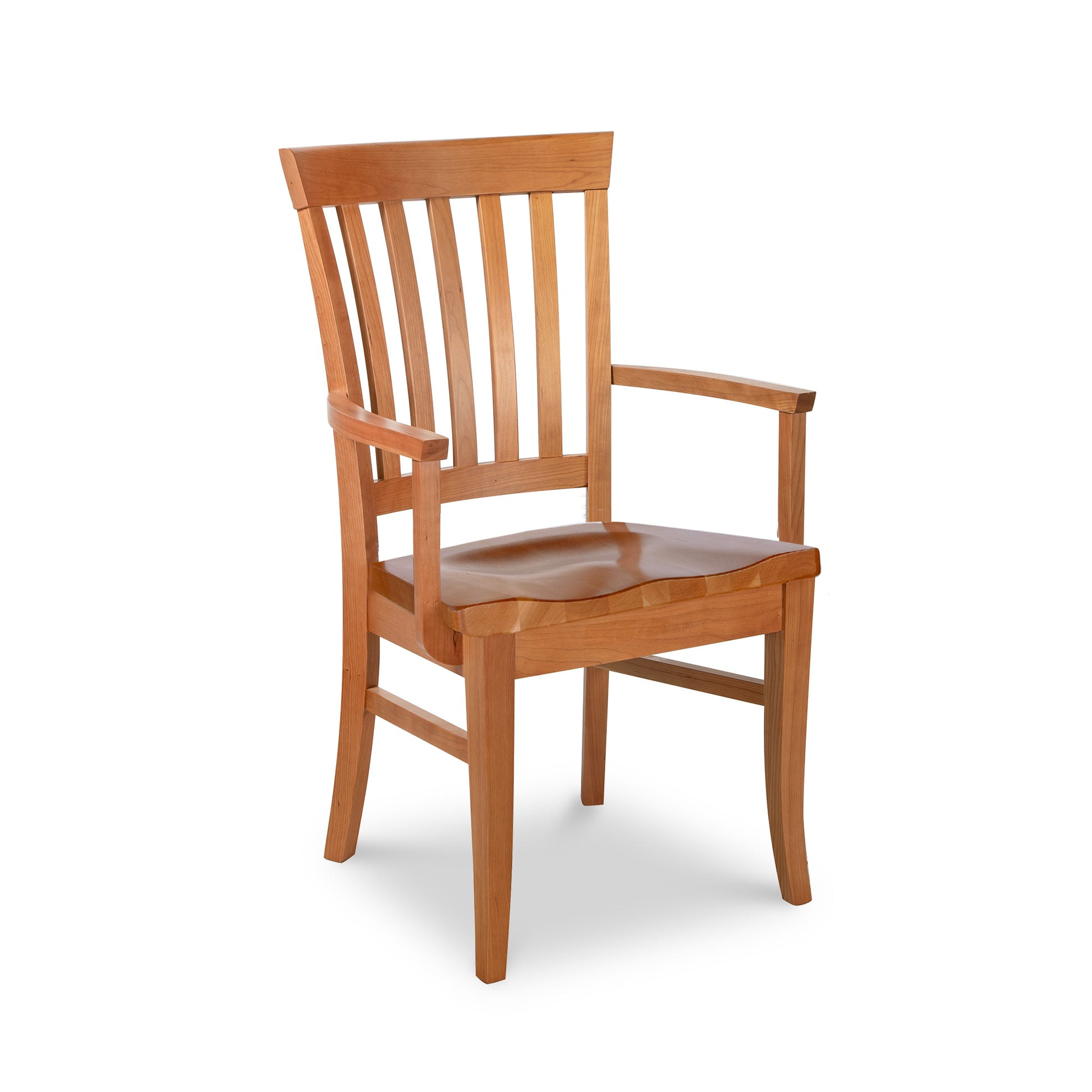 Handmade Lyndon Furniture Bistro Dining Chair with armrests and slatted backrest in a smooth cherry wood finish.