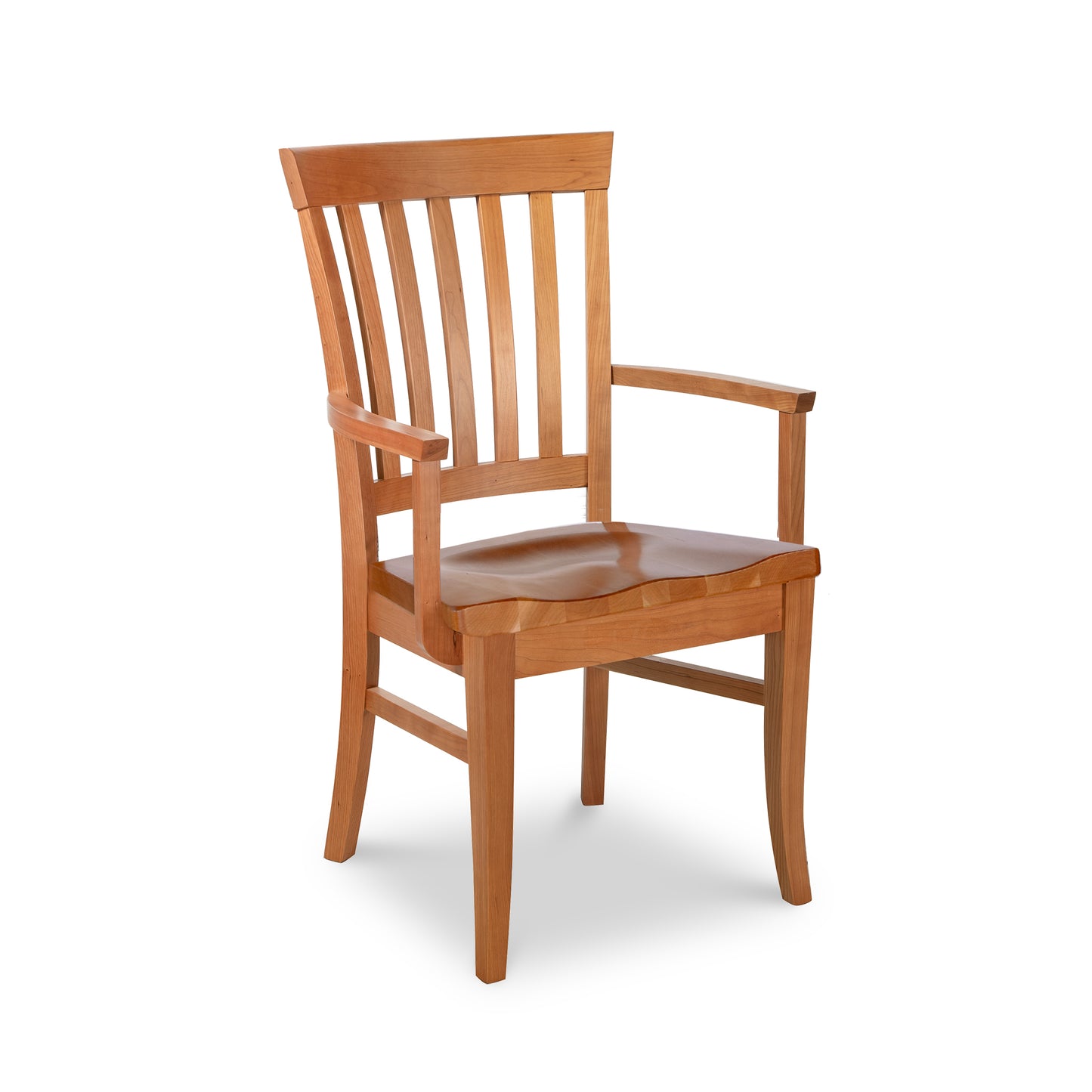 Handmade Lyndon Furniture Bistro Dining Chair with armrests and slatted backrest in a smooth cherry wood finish.