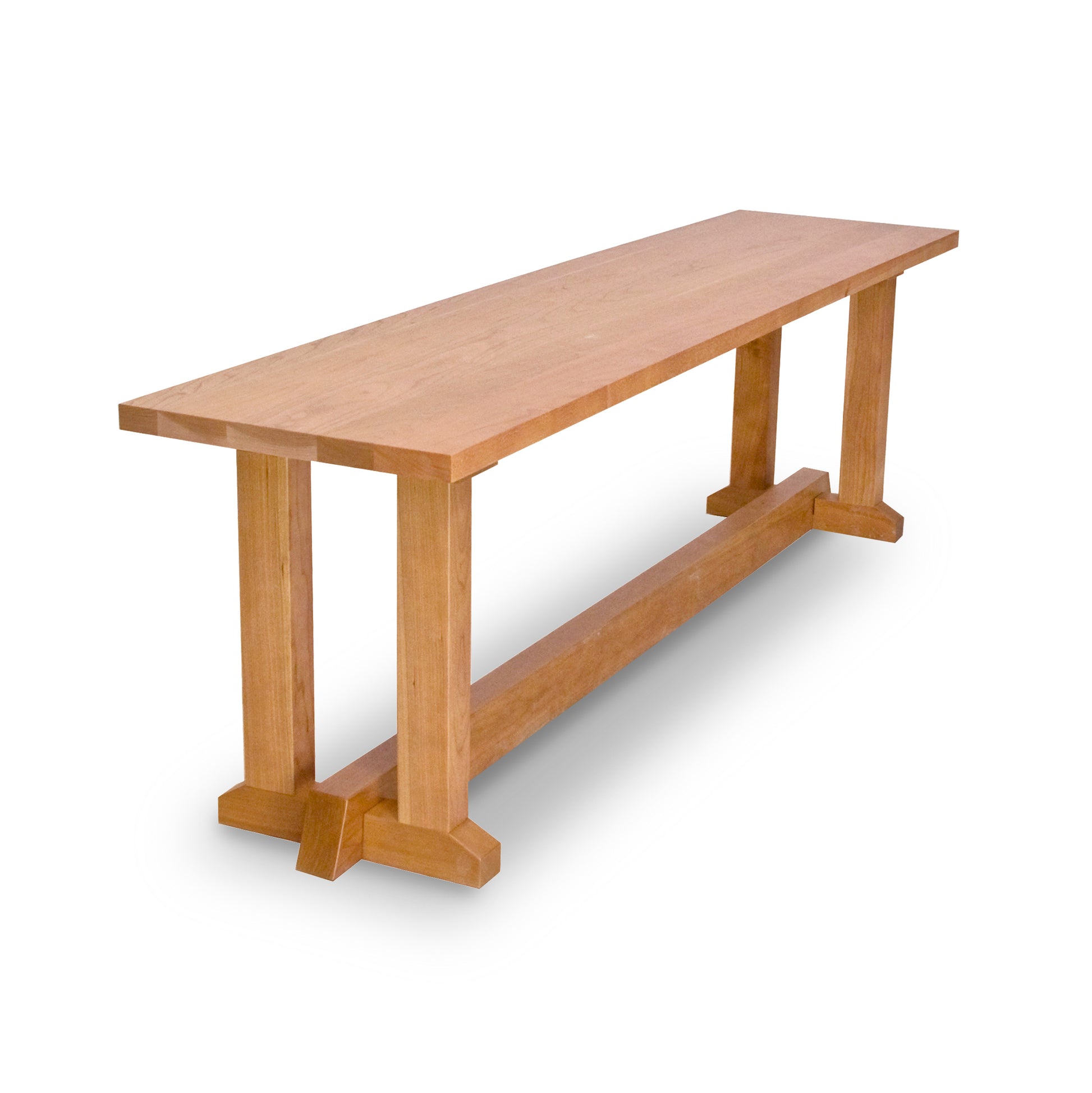 An eco-friendly Lyndon Furniture Boston Trestle Bench with two legs made from sustainably harvested solid woods, displayed on a white background.