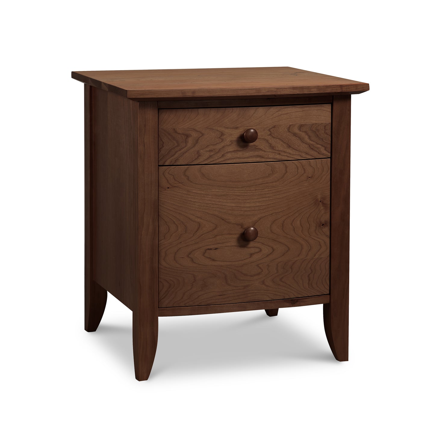 Lyndon Furniture Bow Front 1-Drawer Nightstand with Door, handcrafted from sustainable wood, showcasing its elegant design and natural finish.