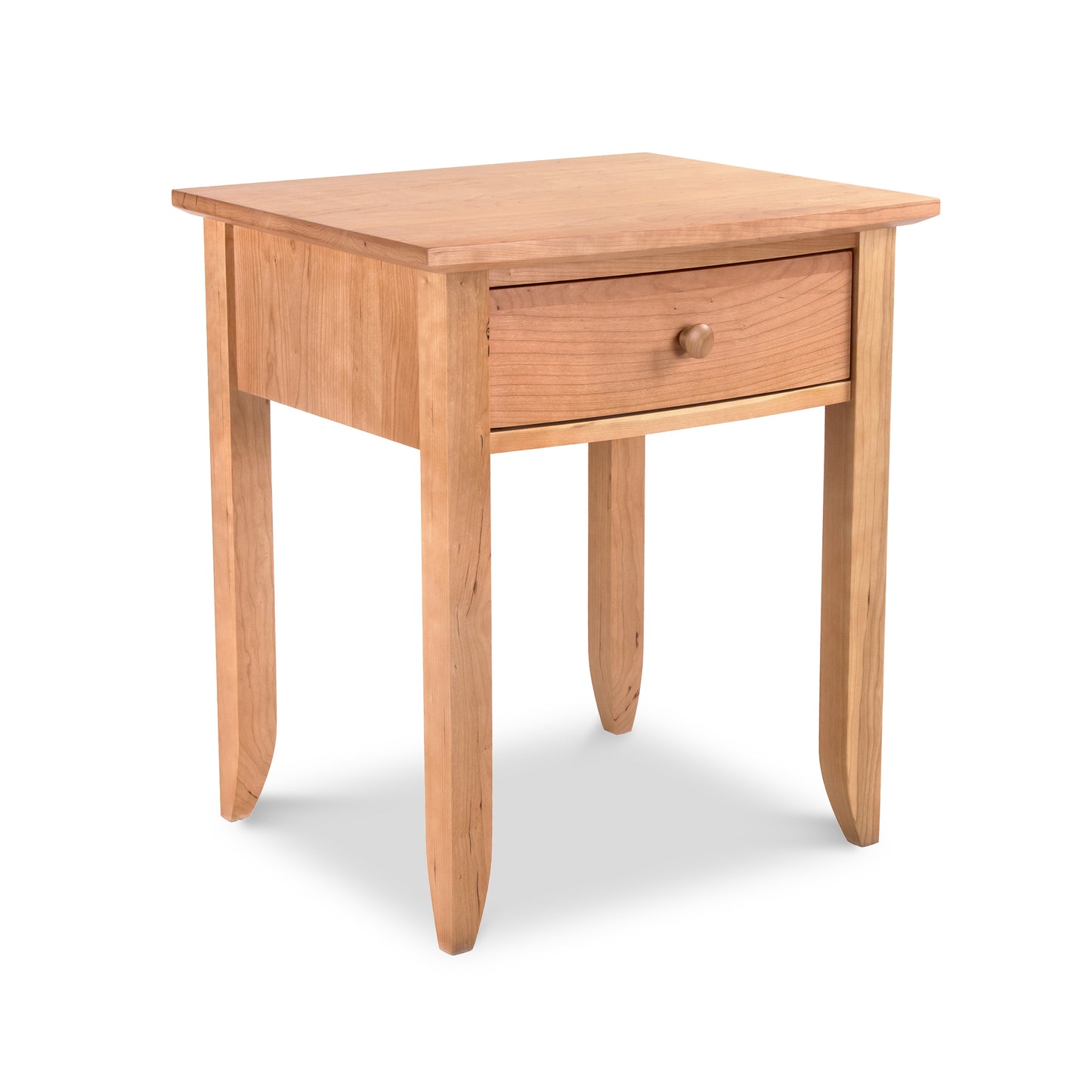 Bow Front 1-Drawer Nightstand by Lyndon Furniture, handcrafted in Vermont from sustainable wood, featuring a curved front, single drawer, and sturdy four-leg design.