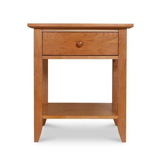 Bow Front 1-Drawer Open Shelf Nightstand by Lyndon Furniture, expertly handcrafted from sustainable wood in Vermont, featuring a sleek bow front and open shelf design.