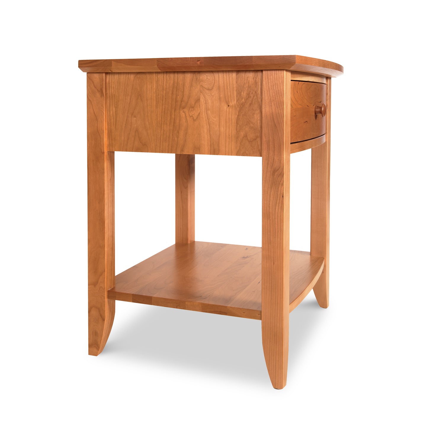 Lyndon Furniture Bow Front 1-Drawer Open Shelf Nightstand handcrafted from sustainable wood, highlighting its elegant curved front and open shelf design.