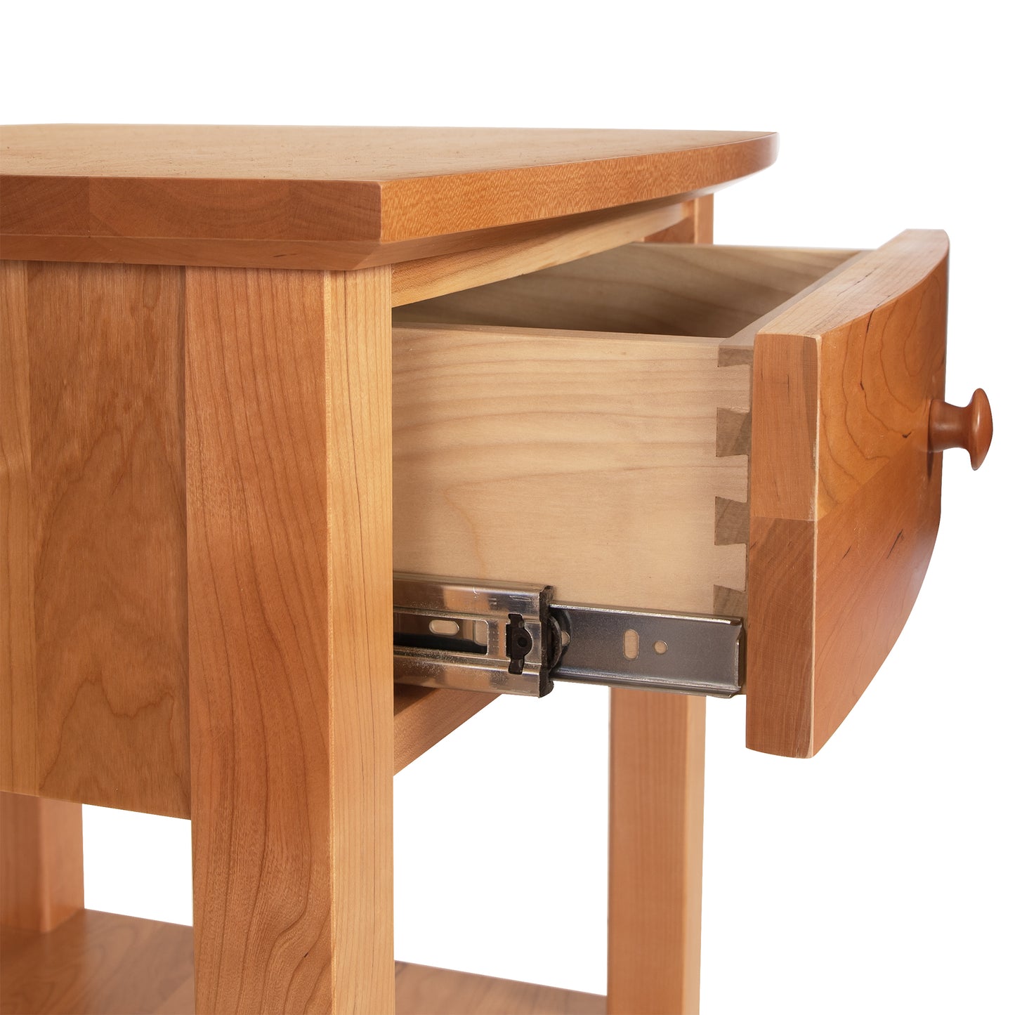 Lyndon Furniture Bow Front 1-Drawer Open Shelf Nightstand, expertly handcrafted in Vermont from sustainable wood, showcasing fine craftsmanship and elegant design.