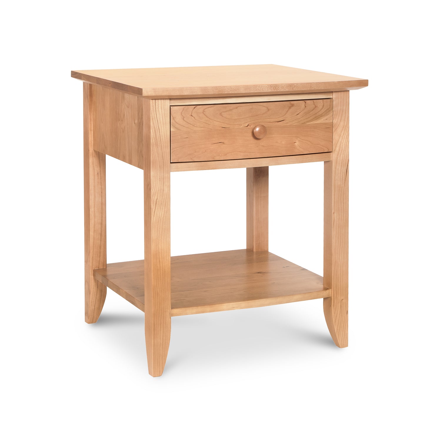 Bow Front 1-Drawer Open Shelf Nightstand by Lyndon Furniture, featuring a handcrafted solid wood design with a single drawer and open shelf.