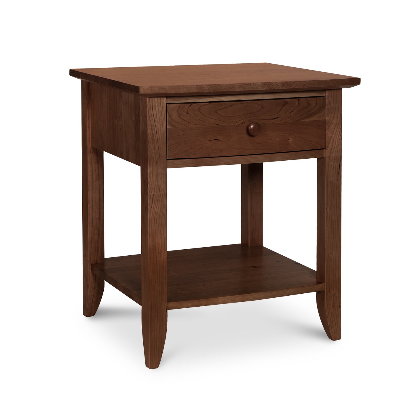 Bow Front 1-Drawer Open Shelf Nightstand by Lyndon Furniture, featuring handcrafted Vermont craftsmanship and a sleek wood design.