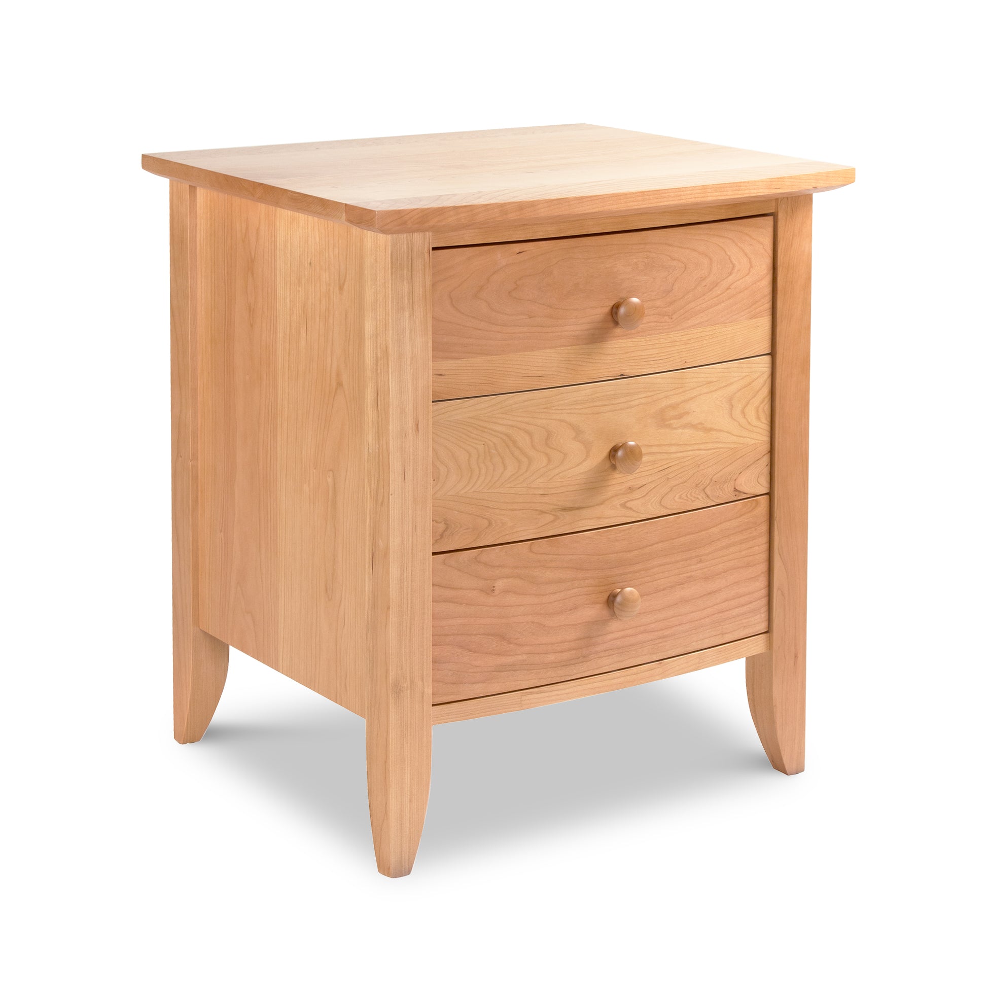 Bow Front 3-Drawer Nightstand by Lyndon Furniture, handcrafted in Vermont from sustainable wood with three spacious drawers, showcasing fine American craftsmanship.