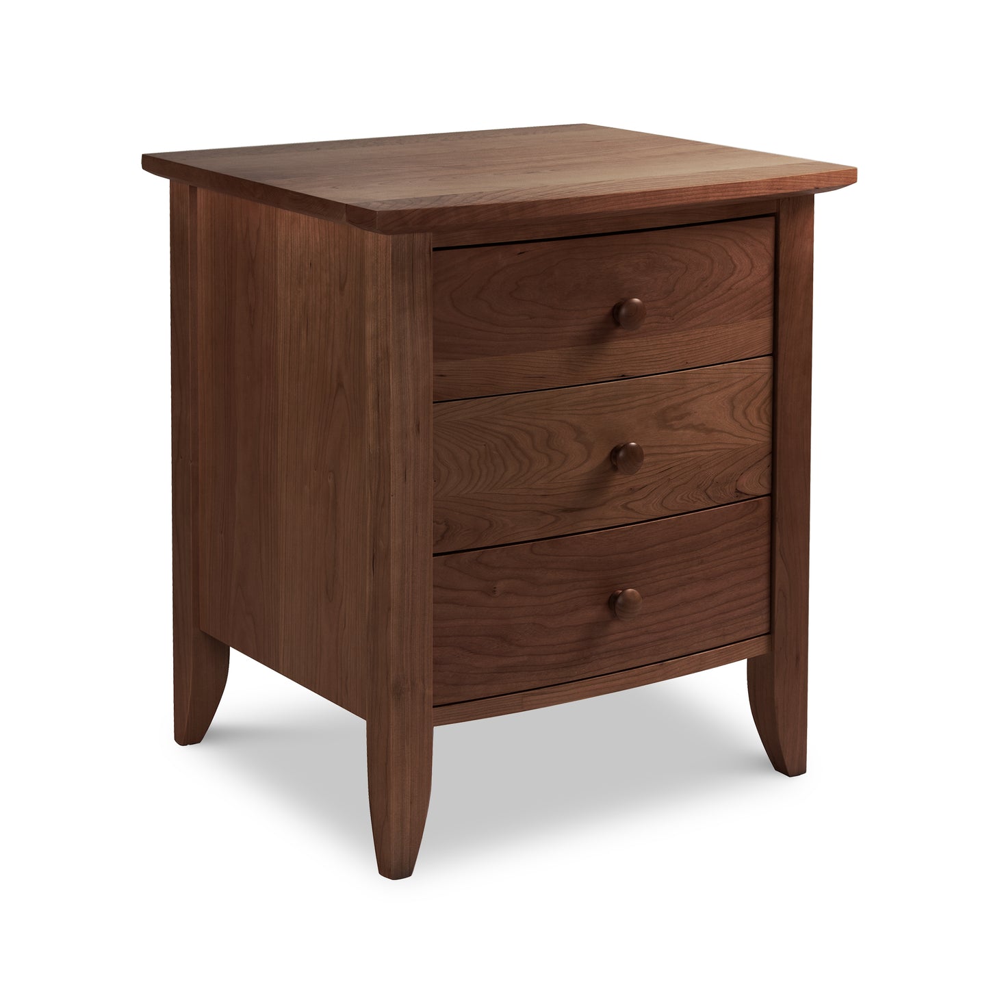 Lyndon Furniture Bow Front 3-Drawer Nightstand, handcrafted in Vermont from sustainable wood, featuring a curved front and round knobs.