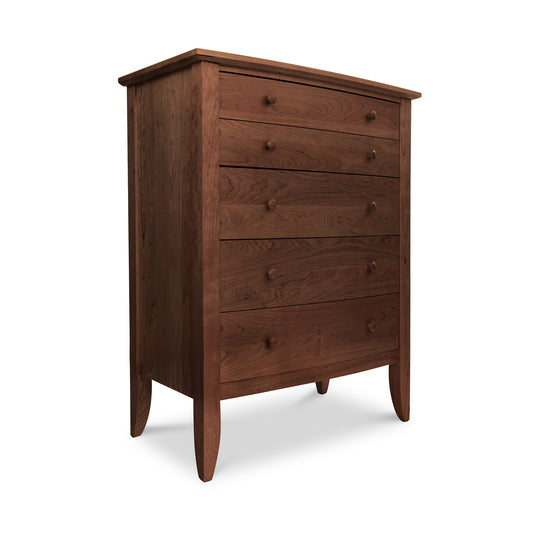 Lyndon Furniture Bow Front 5-Drawer Chest made of solid hardwood, featuring a smooth finish and elegant, curved front drawer design.