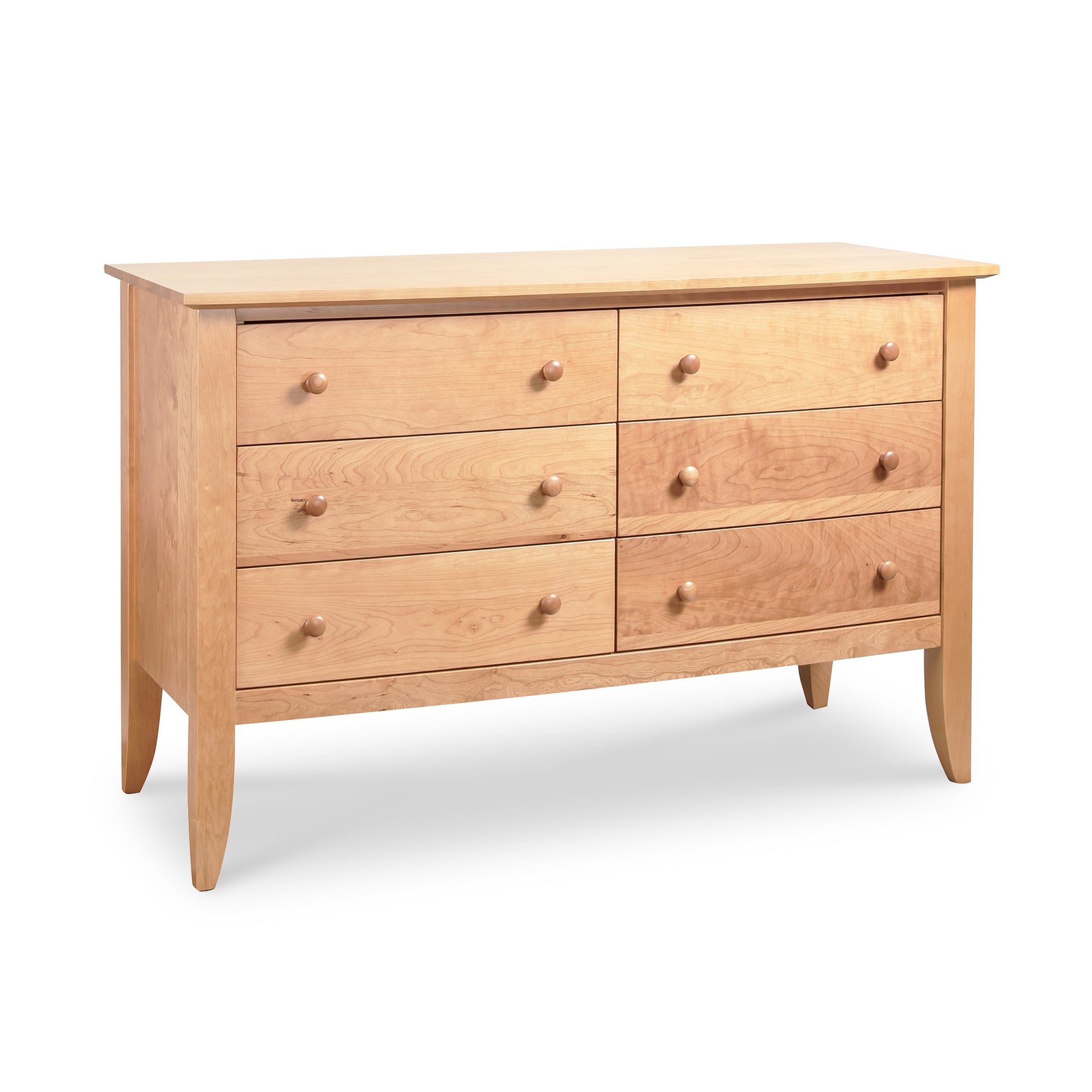 A Bow Front 6-Drawer Dresser by Lyndon Furniture, with drawers on a white background, offering a contemporary spin to traditional double dressers.