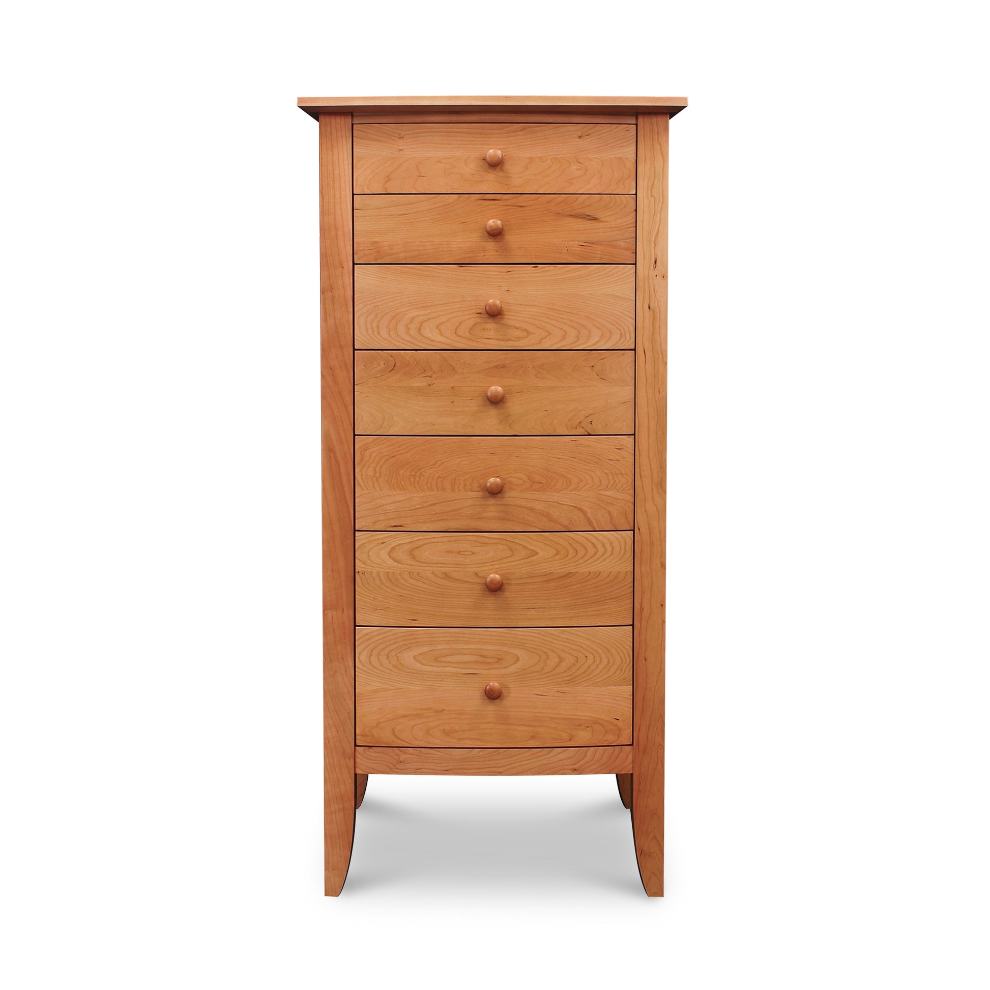 Lyndon Furniture Bow Front 7-Drawer Lingerie Chest crafted from sustainable hardwoods with elegant round knobs, showcasing high-quality American craftsmanship.