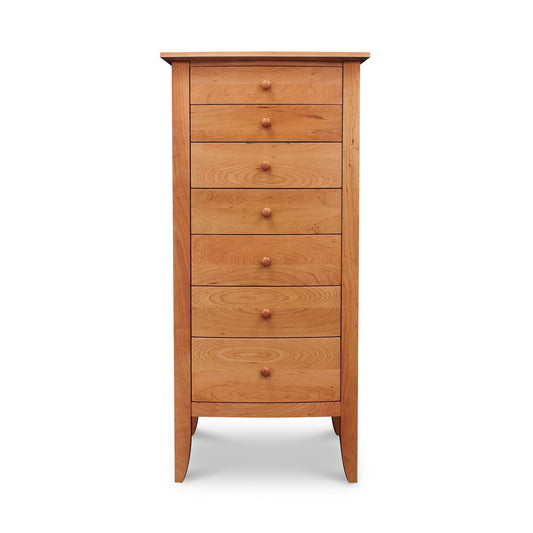 Lyndon Furniture Bow Front 7-Drawer Lingerie Chest crafted from sustainable hardwoods with elegant round knobs, showcasing high-quality American craftsmanship.