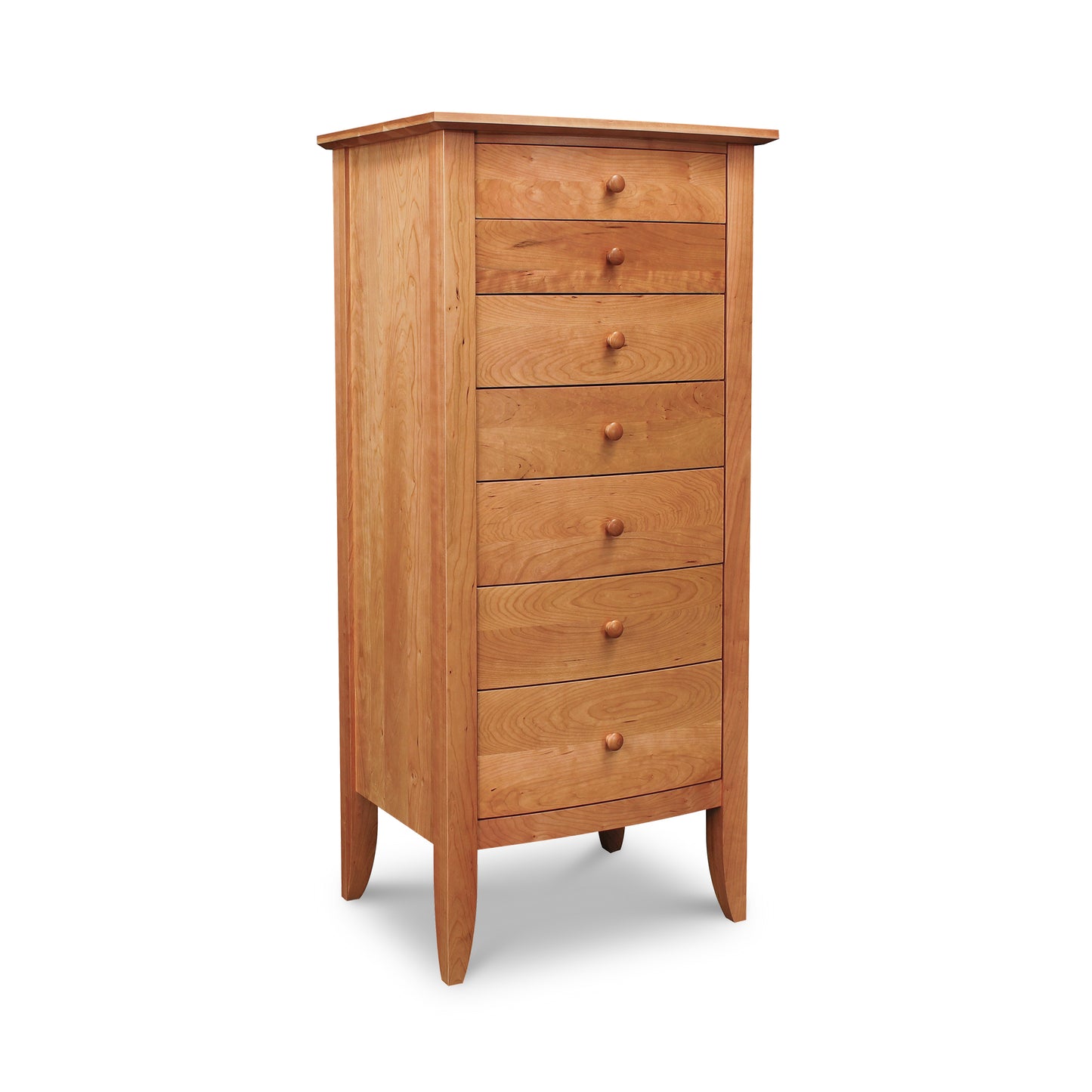 Lyndon Furniture Bow Front 7-Drawer Lingerie Chest handcrafted from sustainable hardwoods, showcasing elegant wood grain and sleek bow front design.