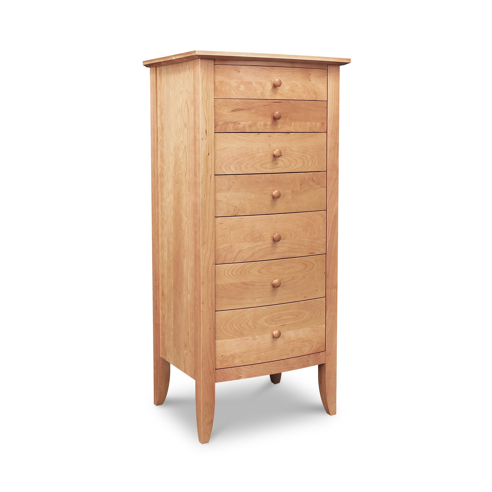 Lyndon Furniture Bow Front 7-Drawer Lingerie Chest made of sustainable hardwoods, features round knobs and elegant four-leg design.
