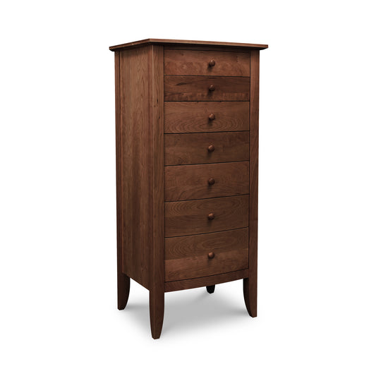 Lyndon Furniture Bow Front 7-Drawer Lingerie Chest made from sustainably sourced hardwoods, featuring elegant curved front and sturdy four-leg design.