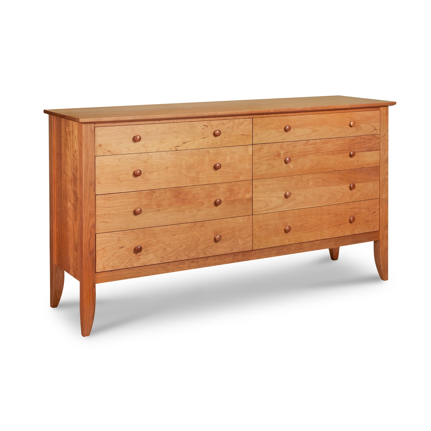 Lyndon Furniture Bow Front 8-Drawer Dresser crafted from sustainable wood with round wooden knobs, showcasing modern design and fine craftsmanship.