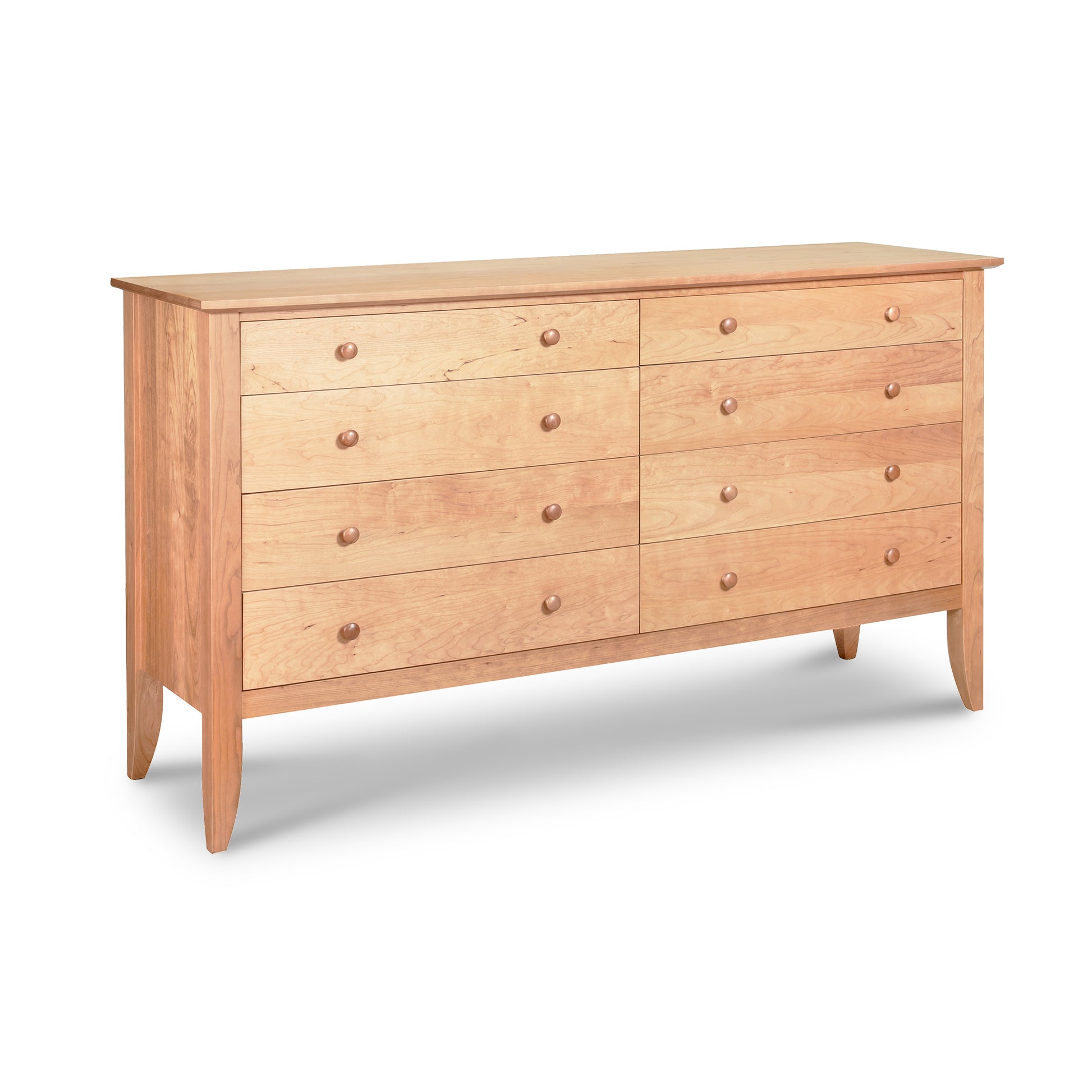 Lyndon Furniture Bow Front 8-Drawer Dresser with round knobs, natural wood finish, and crafted from sustainably harvested American wood.