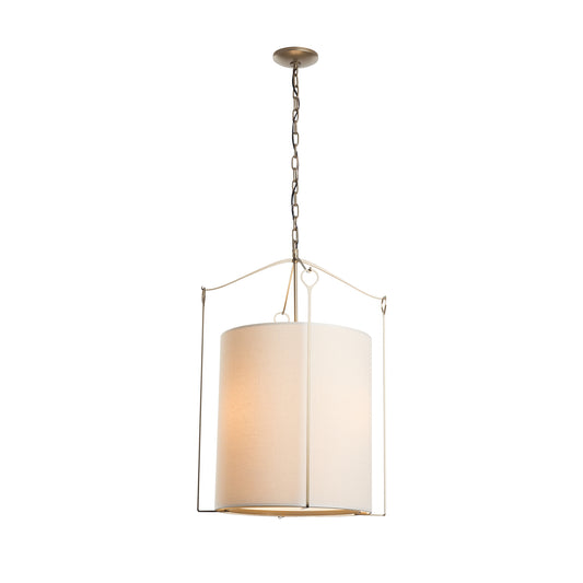 A Hubbardton Forge Tall Bow Pendant with a white shade hanging from a loop and hook form.