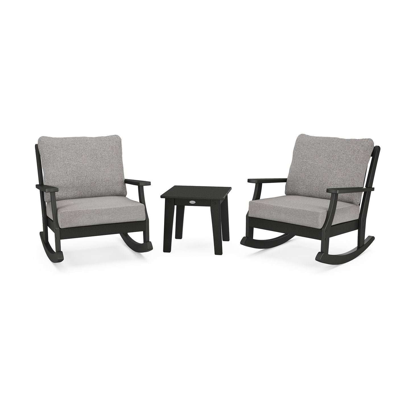 POLYWOOD Braxton gray rockers with black frames and a matching small black table.