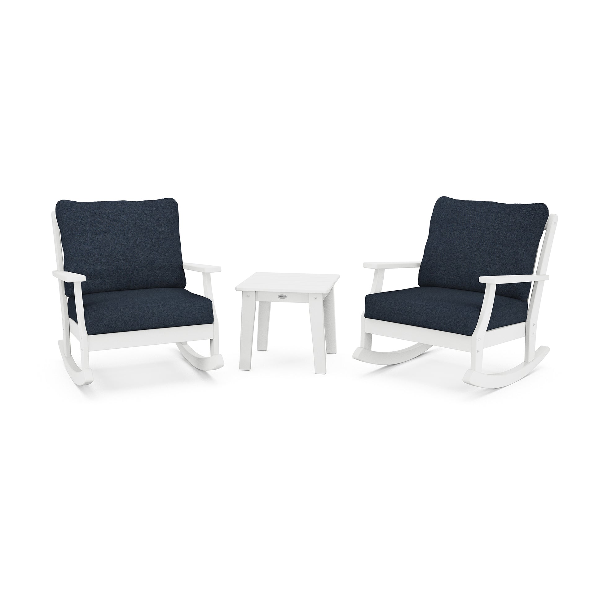 Two POLYWOOD Braxton 3-Piece Deep Seating Rockers with dark blue cushions facing each other, with a small white side table between them, all set against a plain white background.