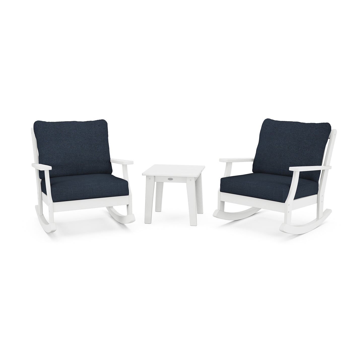 POLYWOOD Braxton 3-Piece Deep Seating Rocker Set featuring two white rocking chairs with dark cushions and a matching small white side table.