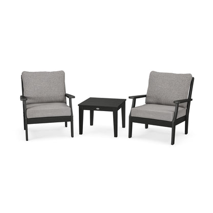 Two modern POLYWOOD Braxton 3-Piece Deep Seating Sets with grey cushions and a matching black square table, set against a white background.