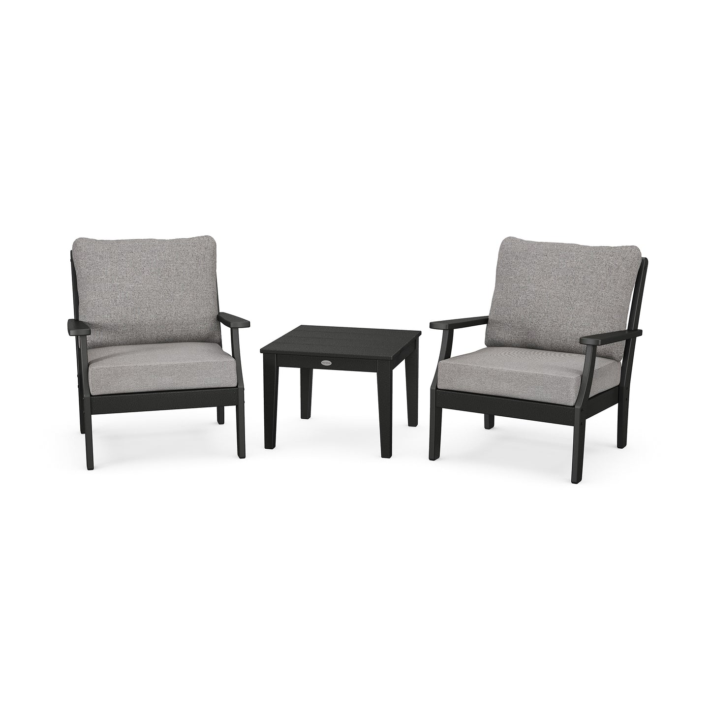 POLYWOOD Braxton 3-Piece Deep Seating Set with two gray cushioned armchairs and a black square table, all featuring sleek black frames.