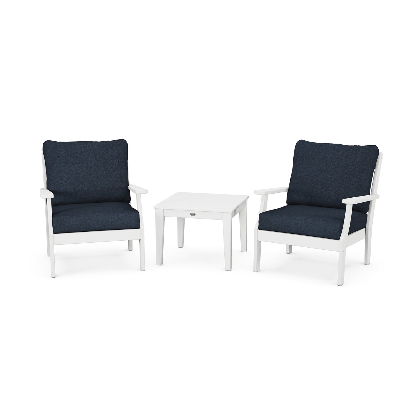 POLYWOOD Braxton 3-Piece Set featuring two white armchairs with dark cushions and a matching small table, crafted from recycled plastic lumber.