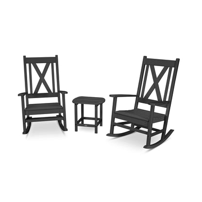 Two black POLYWOOD Braxton 3-Piece Porch Rocking Chairs with x-shaped back designs and a matching small square side table, isolated on a white background.