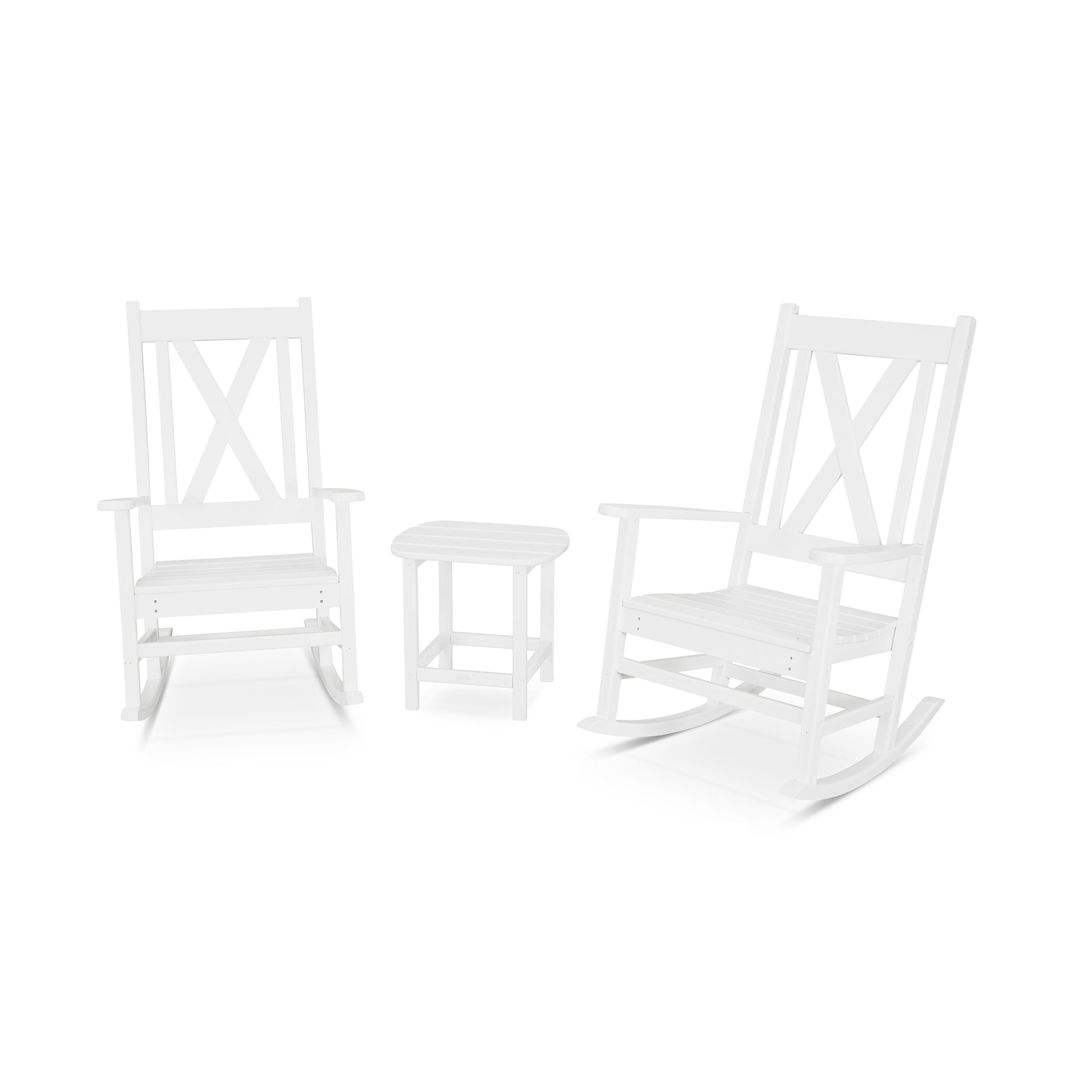 Two white wooden rocking chairs and a matching small stool from the POLYWOOD Braxton 3-Piece Porch Rocking Chair Set, set on a plain white background.