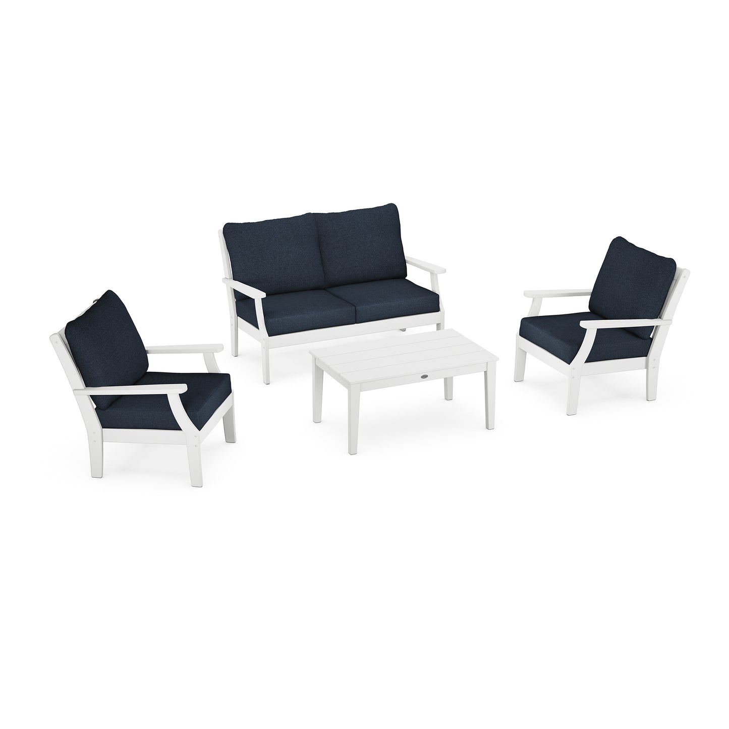 A modern POLYWOOD Braxton 4-Piece Deep Seating Chair Set including two chairs, a loveseat, and a coffee table, all made from POLYWOOD® recycled plastic lumber with dark blue