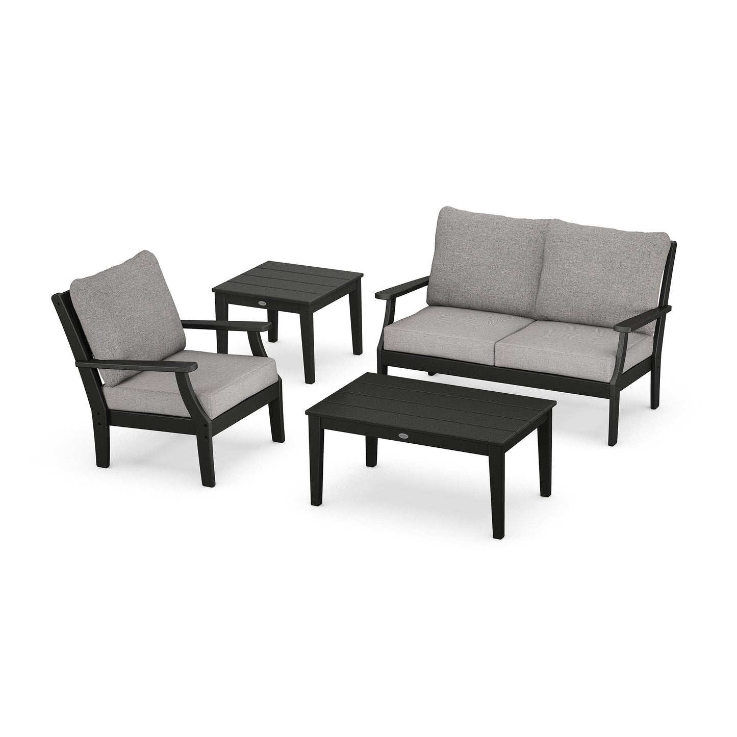 POLYWOOD Braxton 4-Piece Deep Seating Set, featuring a black frame loveseat, armchair, coffee table, and side table with gray cushions.