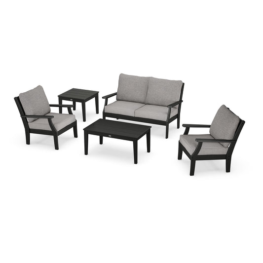 POLYWOOD Braxton 5-Piece Deep Seating Set with cushioned sofa, two armchairs, and two dark tables.