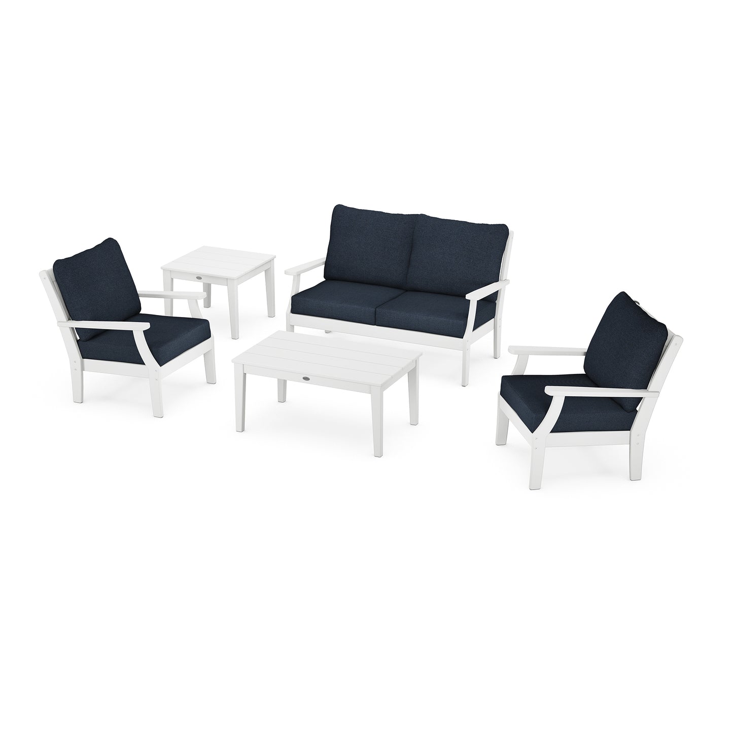POLYWOOD Braxton 5-Piece Deep Seating Set showcasing a loveseat, chairs, and tables with navy cushions.