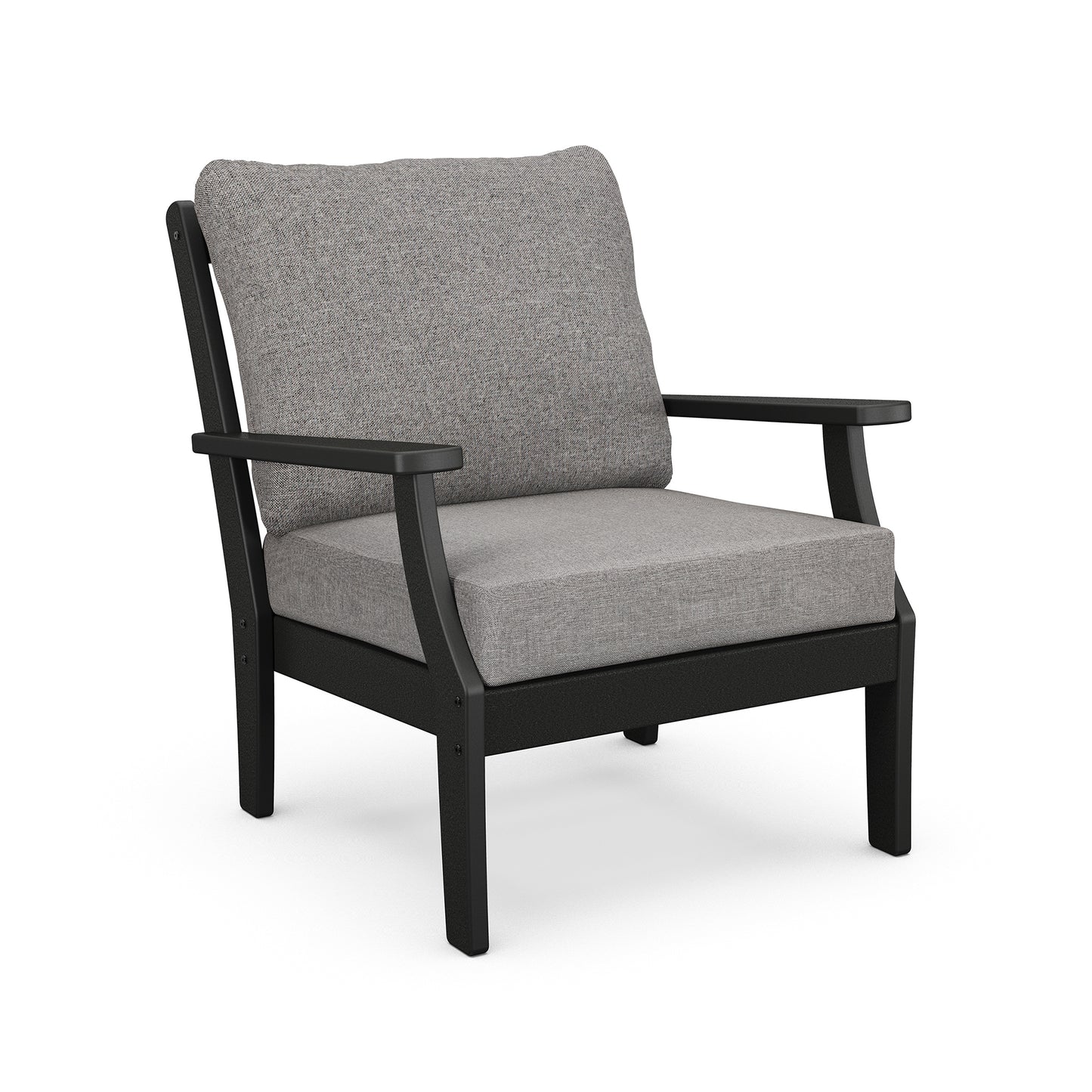 POLYWOOD Braxton Chair featuring dark recycled plastic frame with high back and gray cushions for outdoor comfort.