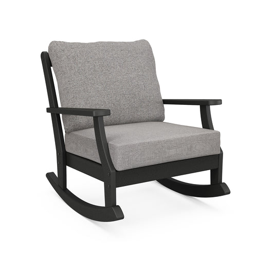 POLYWOOD Braxton Deep Seating Rocking Chair with gray cushions, black wooden frame, wide seat, and armrests.