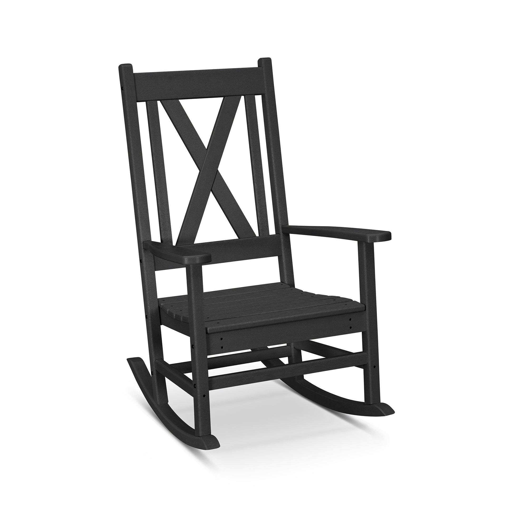 A black POLYWOOD Braxton Porch Rocking Chair with a slatted seat and backrest, featuring a cross-brace design on the back, isolated on a white background.