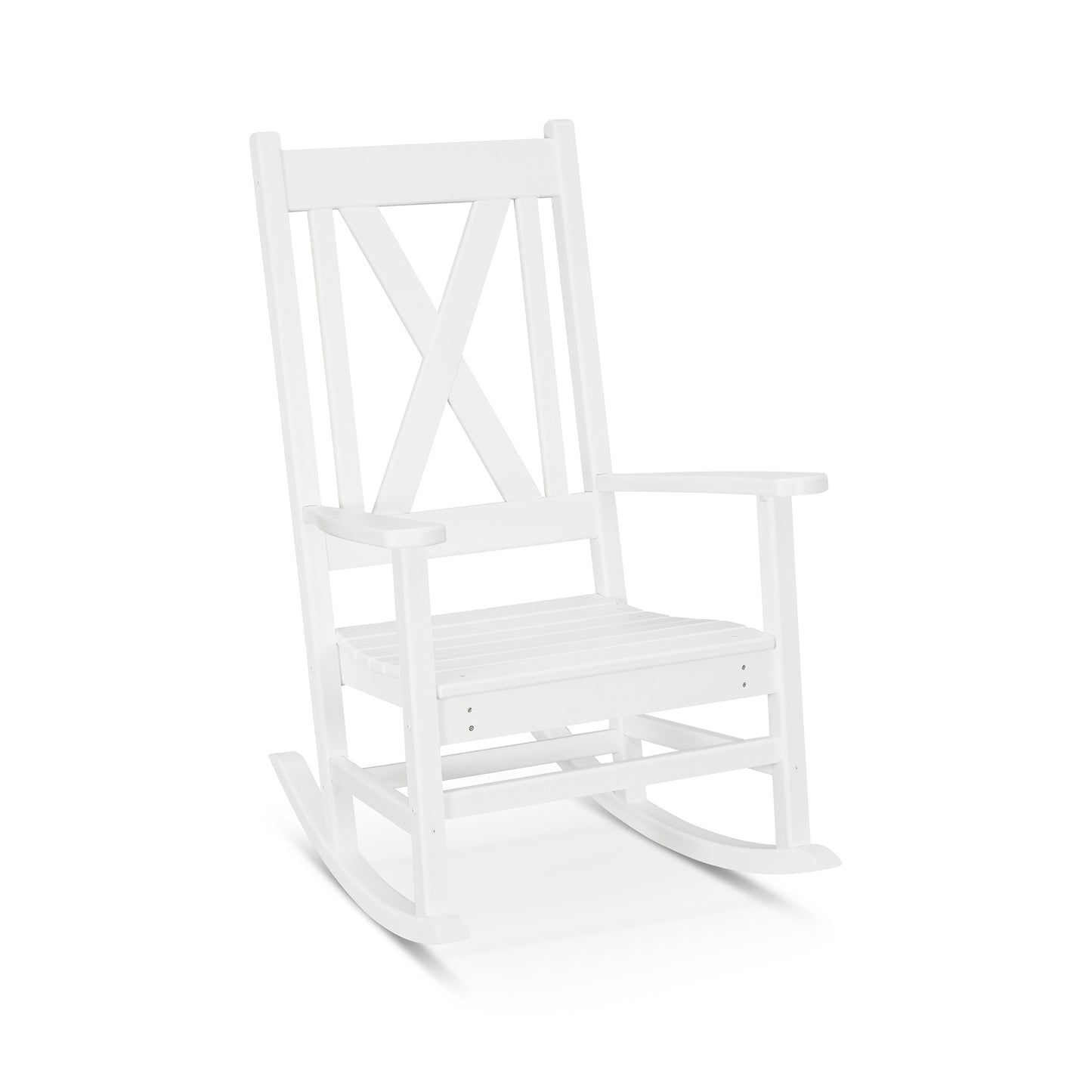 White POLYWOOD Braxton Porch Rocking Chair with X-back and slatted seat made from weather-resistant lumber, perfect for outdoor use.