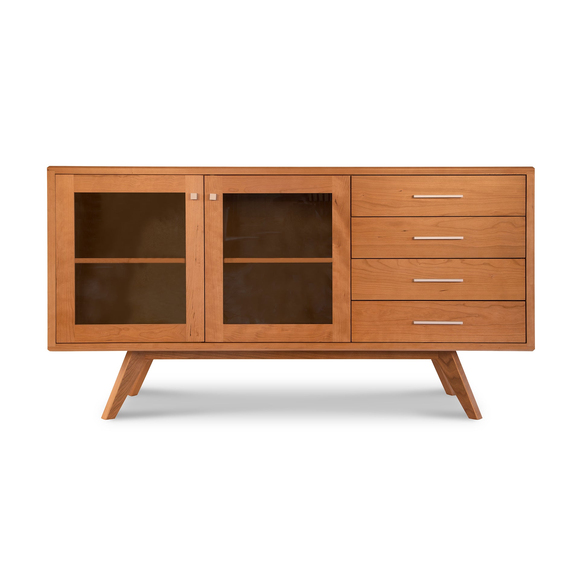 Brighton Buffet by Lyndon Furniture in solid wood, showcasing 2 left glass doors and 4 right drawers, representing mid-century modern craftsmanship.