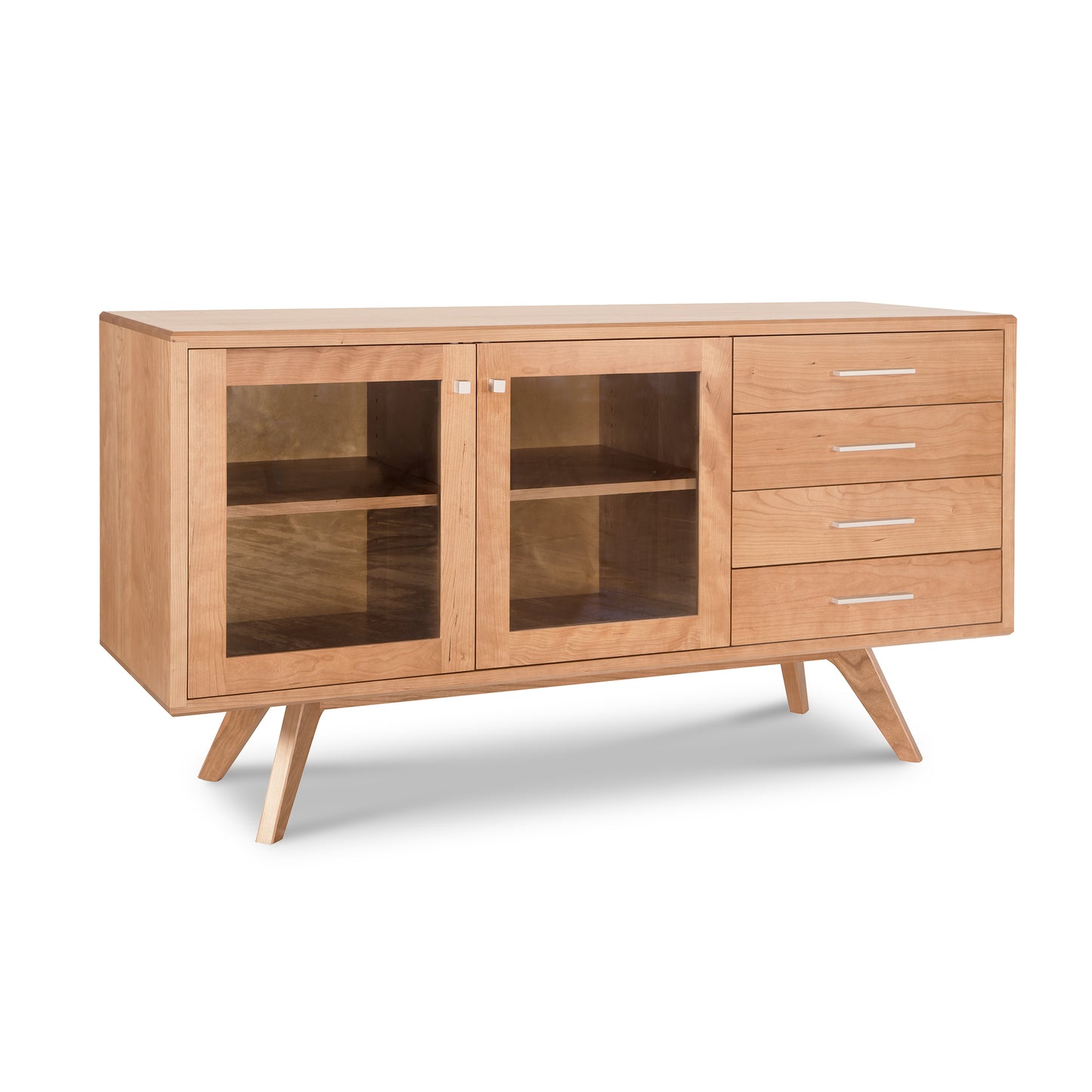 Lyndon Furniture Brighton Buffet featuring solid wood construction, glass doors, spacious drawers, angled legs, and sleek metal handles in a mid-century modern design.