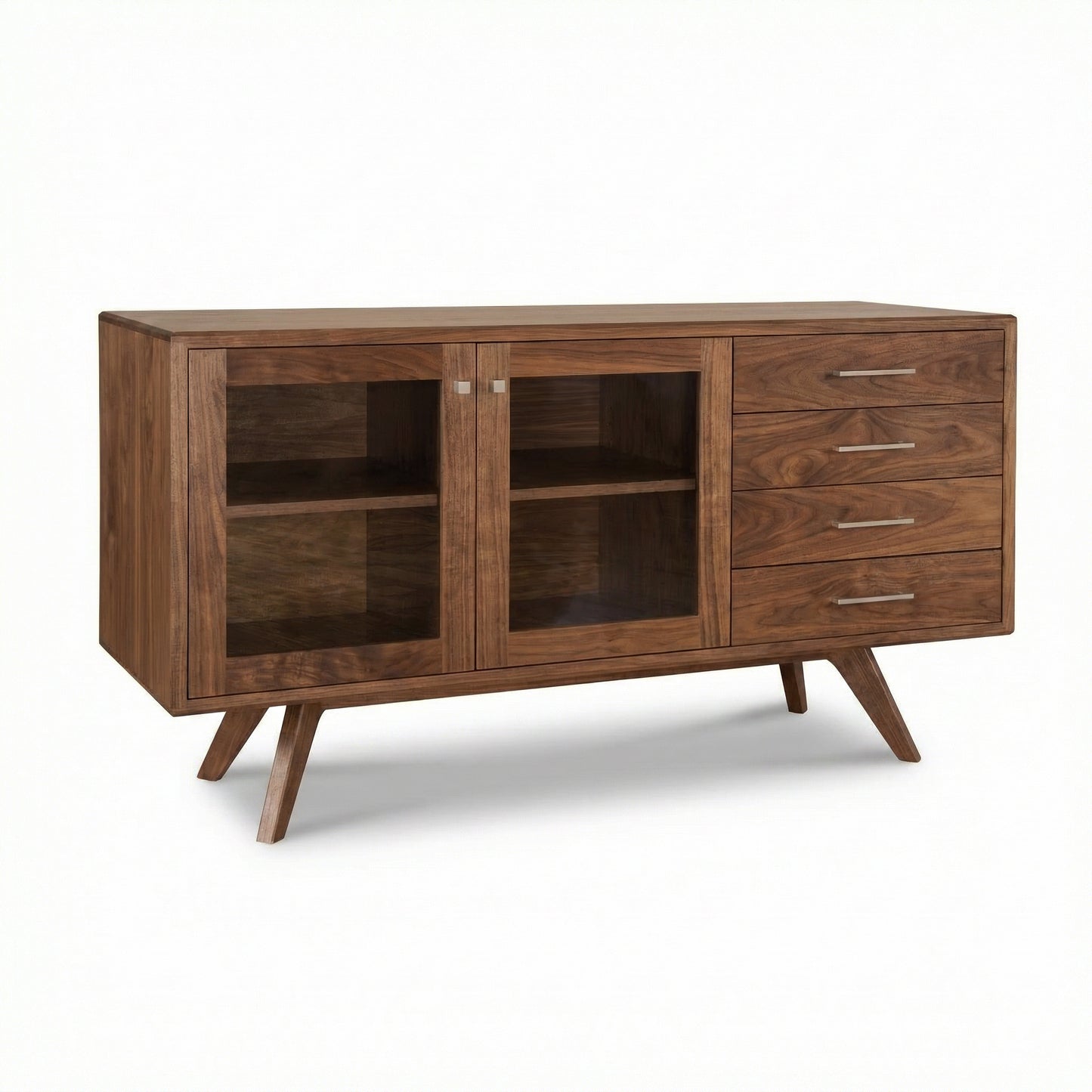 Lyndon Furniture Brighton Buffet features solid wood construction, mid-century modern design, glass doors, four drawers, and angled legs.