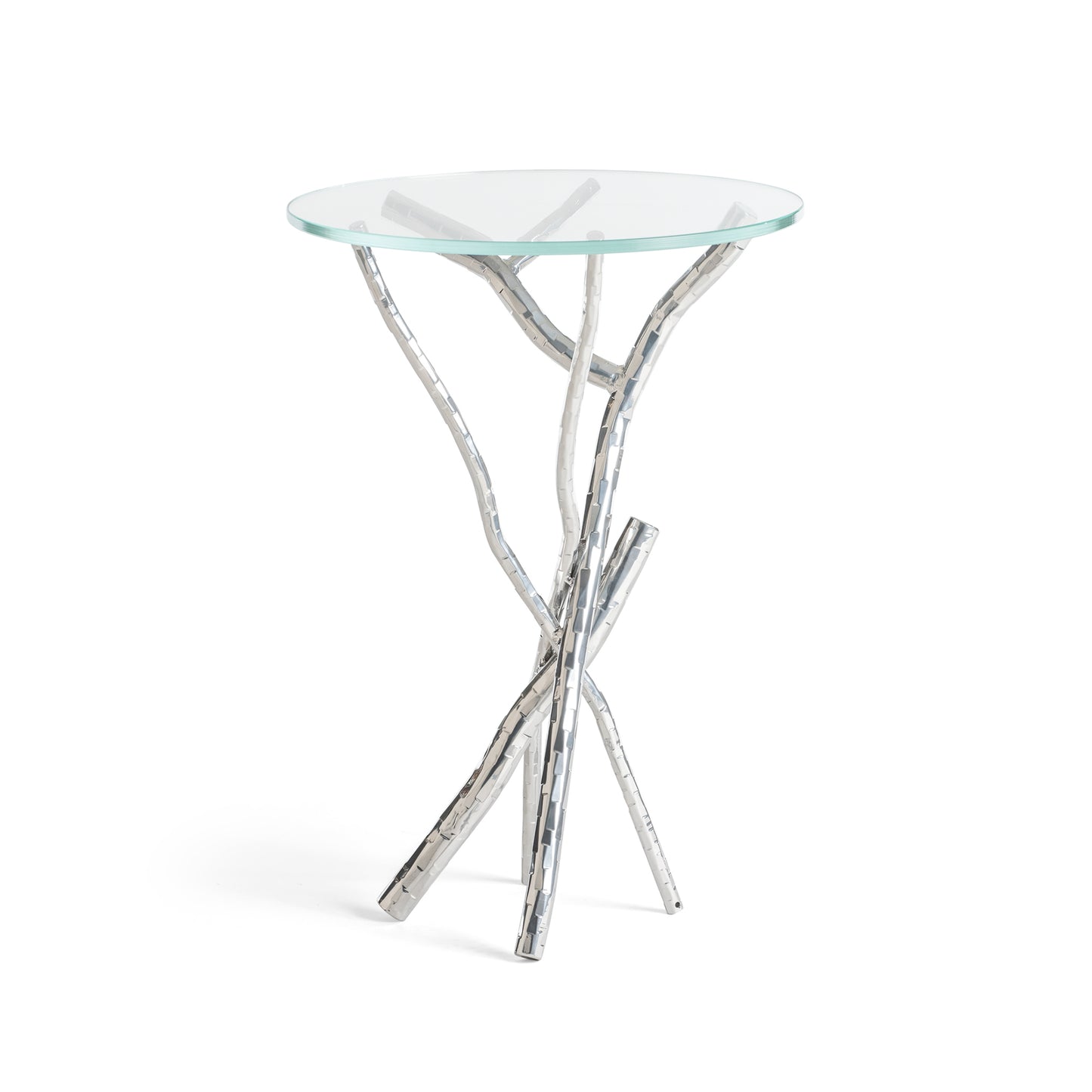 Brindille Accent Table by Hubbardton Forge with handcrafted silver branch-like base and round tempered glass top.