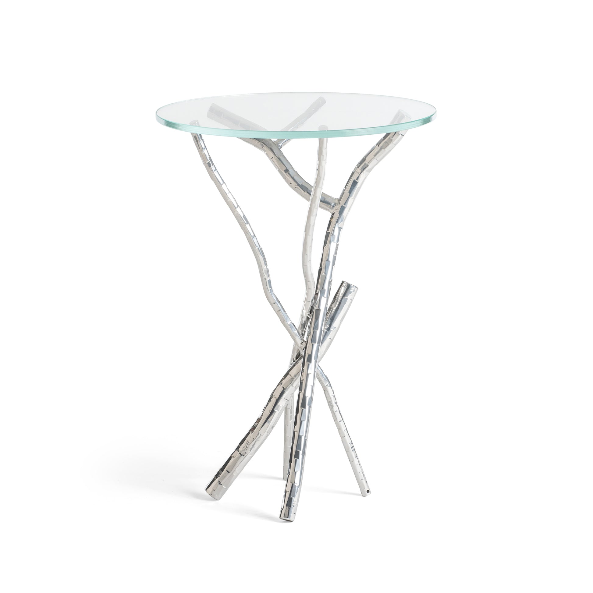 Brindille Accent Table by Hubbardton Forge with handcrafted silver branch-like base and round tempered glass top.