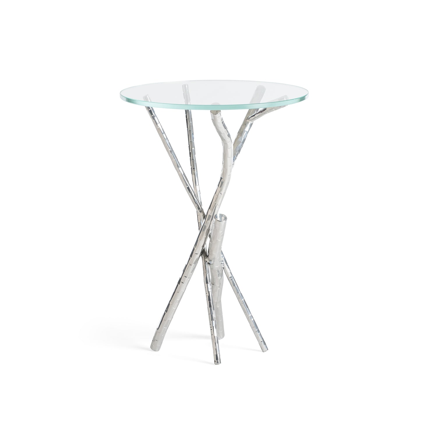 The Hubbardton Forge Brindille Accent Table is a stylish occasional table featuring a glass top and hand-hammered steel base for a unique and modern look.