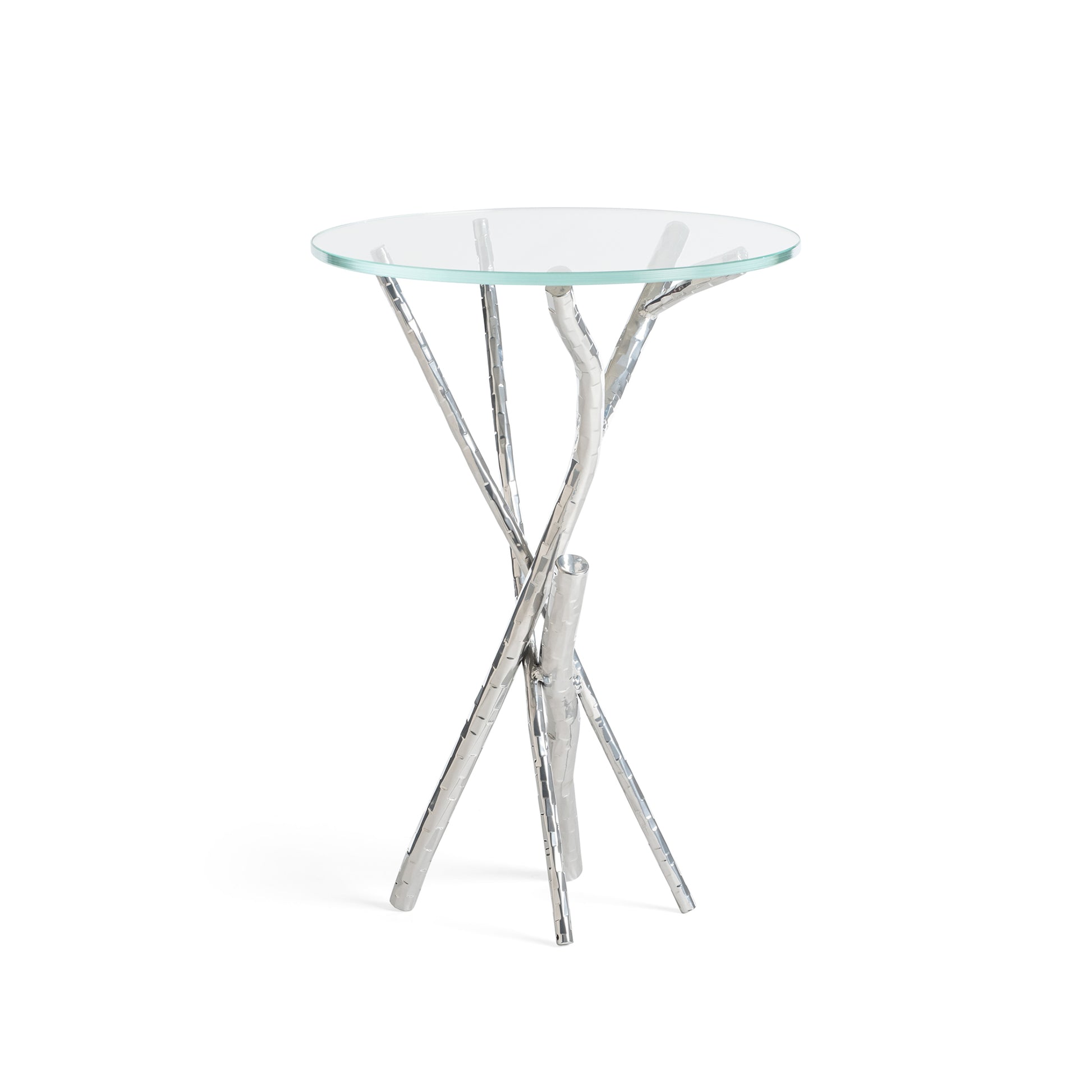 Brindille Accent Table by Hubbardton Forge with round tempered glass top and intricate handcrafted metal rod base.